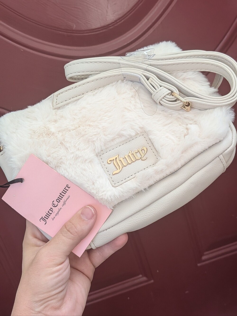 NWT Juicy Couture Ivory Faux Fur Flap Crossbody Bag